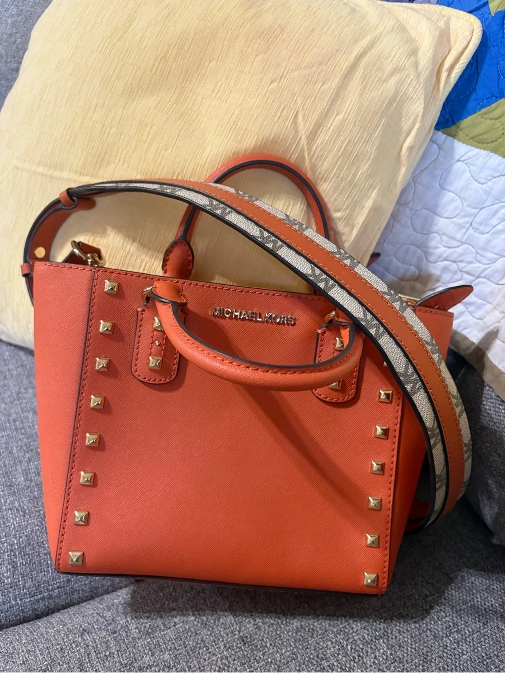 Michael Kors Orange Studded Saffiano Satchel